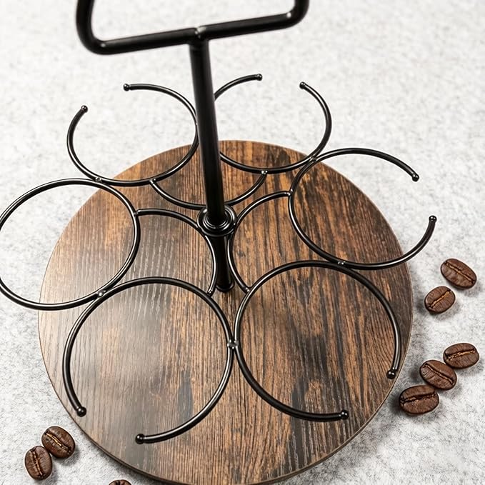 Rotating Coffee Syrup Organizer - Wooden Turntable Rack Holds 6 Bottles, Countertop Bar Station Display Stand for Coffee Syrups, Wine, and Large Bottles