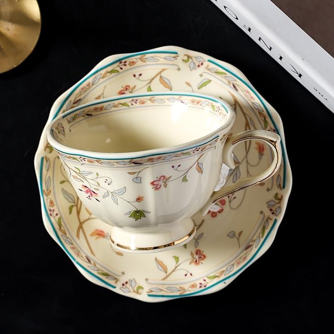8 oz Vintage flower Ceramic cup and 6" saucer set with Brand customized stainless steel spoon Gifts for Afternoon Tea Coffee Hour (A)