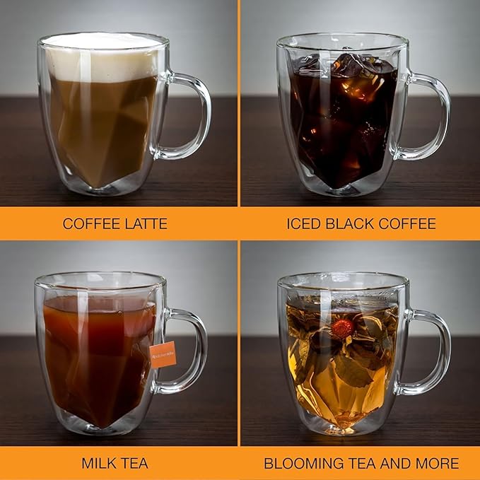 Double Walled Glass Coffee Mugs - Set of 2-12 oz Insulated Coffee Mugs - Geometric Modern Novelty Design Clear Glass Coffee Mugs ideal for Latte & Cappuccino