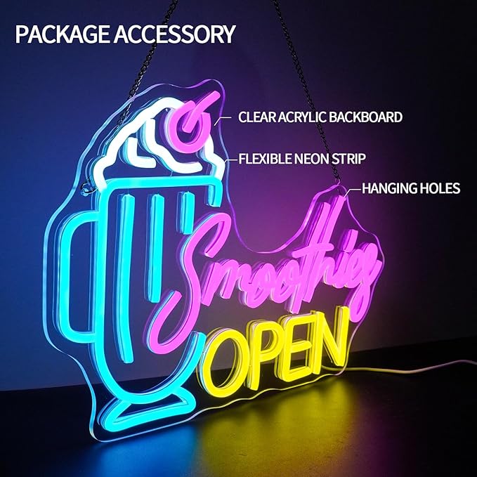 Smoothies Open Neon Sign Dimmable Frozen Fruit Smoothie Neon Light Sign for Business Bar Decor Letters Ice Cream Led Signs for Beverage Dessert Shop Party Pub Cafe Room Decor Gift 16.5" x 10"