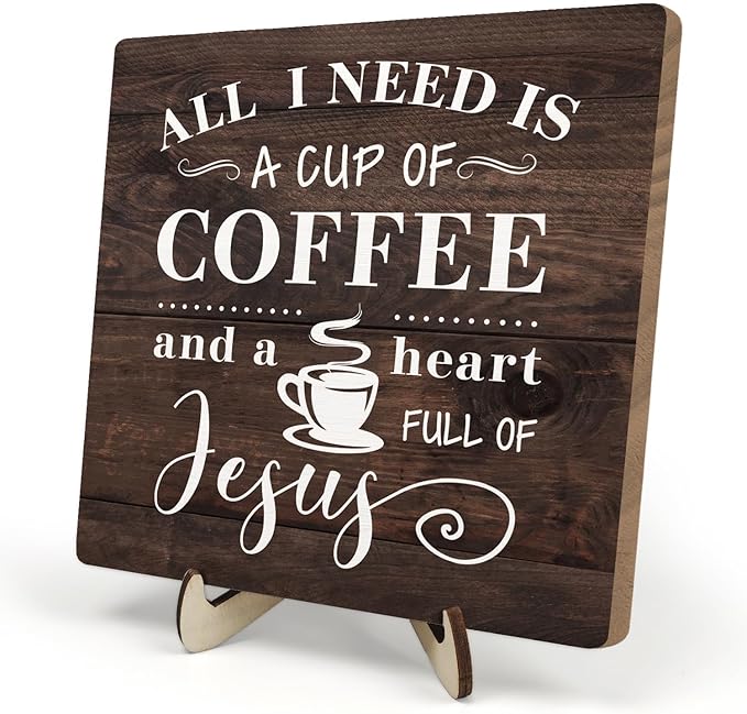 Coffee Bar Sign Plaque Decor-A Heart Full of Jesus,Cafe Bar Accessories,Christian Rustic Wooden Tabletop Plaque with Stand, Faith Scripture Mini Counter Sign for Kitchen Coffee Station Office 5.9x5.9