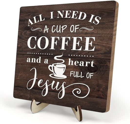 Coffee Bar Sign Plaque Decor-A Heart Full of Jesus,Cafe Bar Accessories,Christian Rustic Wooden Tabletop Plaque with Stand, Faith Scripture Mini Counter Sign for Kitchen Coffee Station Office 5.9x5.9