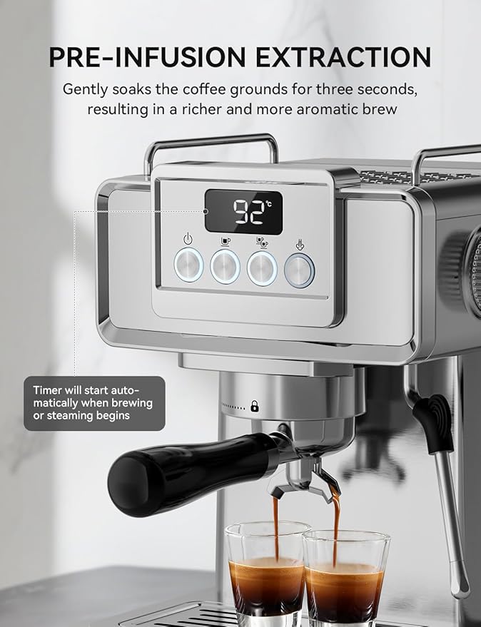 Espresso Machine 20 Bar, Stainless Steel Espresso Maker Professiona Coffee Maker with Power Steam & LED Display for Home Barista, Americano, Latte, Cappuccino Maker, 1.8L Water Tank