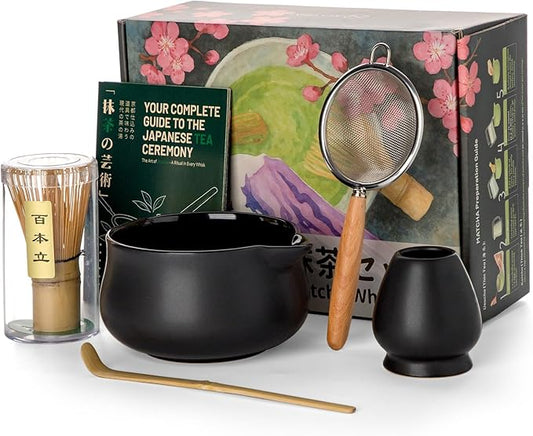 Nucookery Matcha Whisk Set - 5 Pcs Matcha Set with 18oz Ceramic Matcha Bowl (Chawan) with Spout, Bamboo Whisk & Holder, Scoop and Sifter | Complete Matcha Kit for Japanese Tea Ceremony (Black)