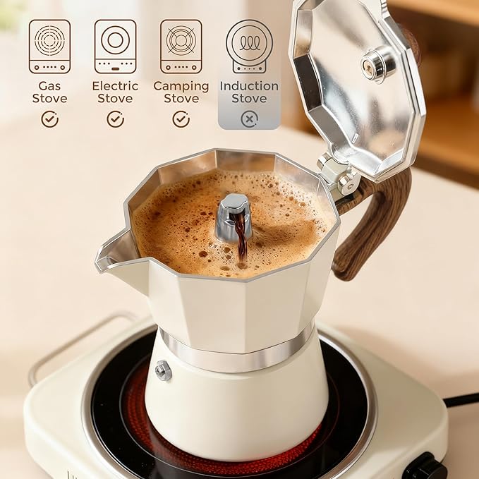 ShanSon Moka Pot Stovetop Espresso Maker 6 Cup 10 oz Italian Coffee Maker Manual Cuban Coffee Percolator Machine Italian Espresso Greca Coffee Maker for Cappuccino or Latte,White