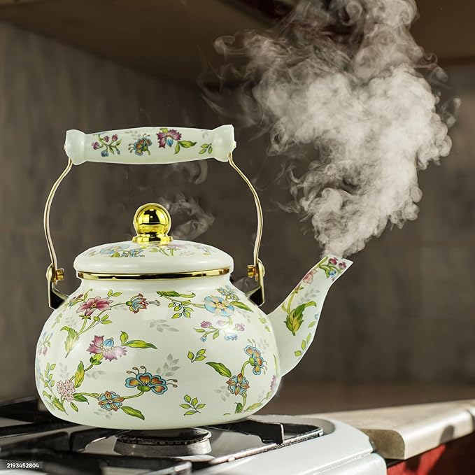 Floral Enamel Tea Kettle Bohemian Gold Beige Teapot Vintage Boho Hot Water Coffee Kettle Pot 2.5L Porcelain Tea Pot Retro Pot Stovetop Kitchen Home Decor
