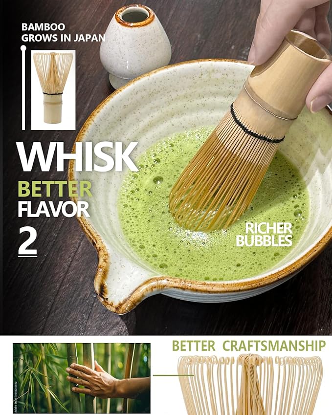 Matcha Whisk Set with Matcha Bowl, Matcha Bamboo Whisk, Scoop, Sifter, Matcha Whisk Holder Unique Gifts for Women Mom Her Girl Friend Home Kitchen Decor Gifts for Christmas, Birthday