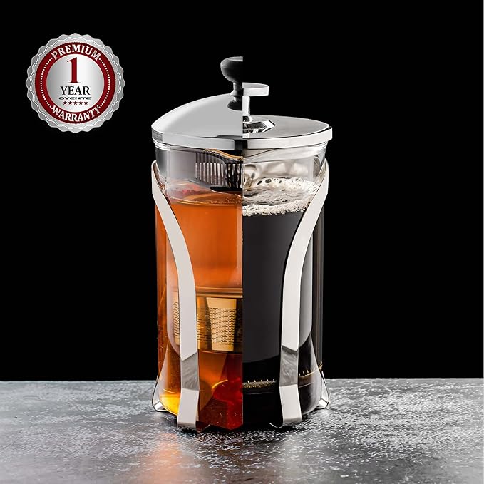 OVENTE French Press Coffee Maker, 27oz Heat Resistant Borosilicate Glass, BPA-Free Brewing Pot with 4-Level Filter System and Stainless Steel Plunger for Cold Brew Coffee, Tea and More, Clear FGC27T