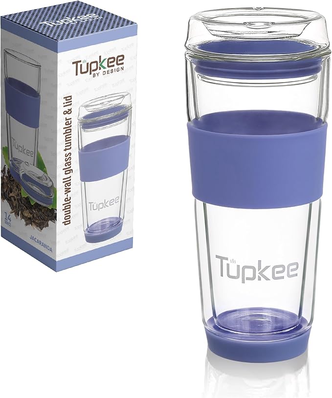 Tupkee Double Wall All Glass Tumbler - 14-Ounce, Reusable Insulated Tea/Coffee Mug & Lid, Hand Blown Glass Travel Mug - Jacaranda - 2 Pack
