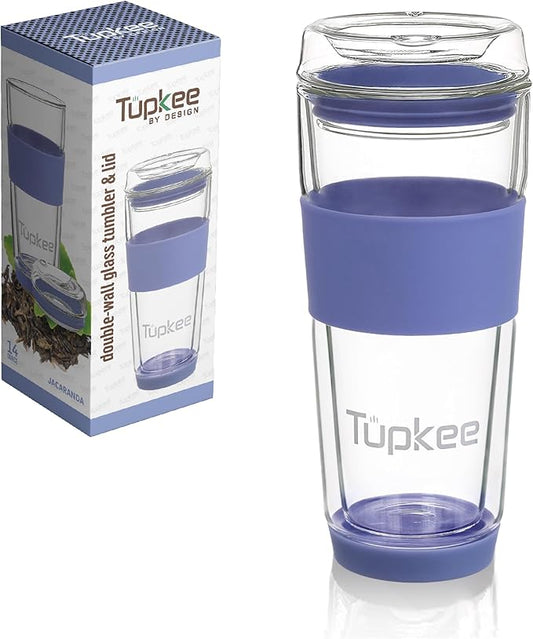 Tupkee Double Wall Glass Tumbler - 14-Ounce, All Glass Hand Blown Reusable Insulated Tea/Coffee Mug & Lid, Travel Mug - Jacaranda