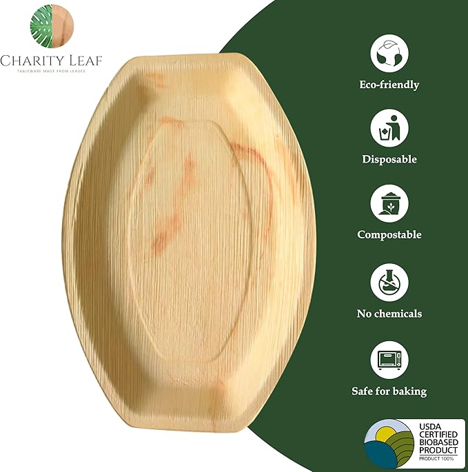 Charity Leaf Disposable Palm Leaf 13" x 9" Trays (10 pieces) Bamboo Like Serving Platters, Disposable Boards, Eco-Friendly Dinnerware For Weddings, Catering, Events