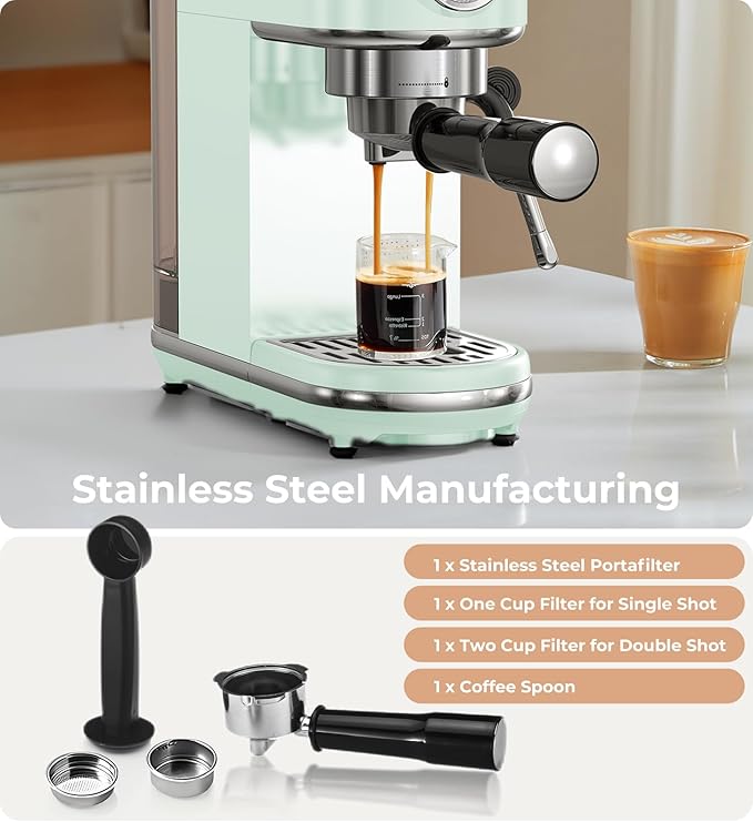 20 Bar Espresso Machine with Milk Frother, Compact Espresso Maker, Stainless Steel Coffee Machine with Precise Temp Control & 44oz Removable Water Tank for Latte, Cappuccino, Light Green