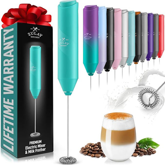 Zulay Kitchen Powerful Milk Frother Wand - Handheld Stainless Steel - Battery Operated Drink Mixer for Coffee, Lattes, Cappuccino, Matcha - Froth Mate Frother Gift - Aqua