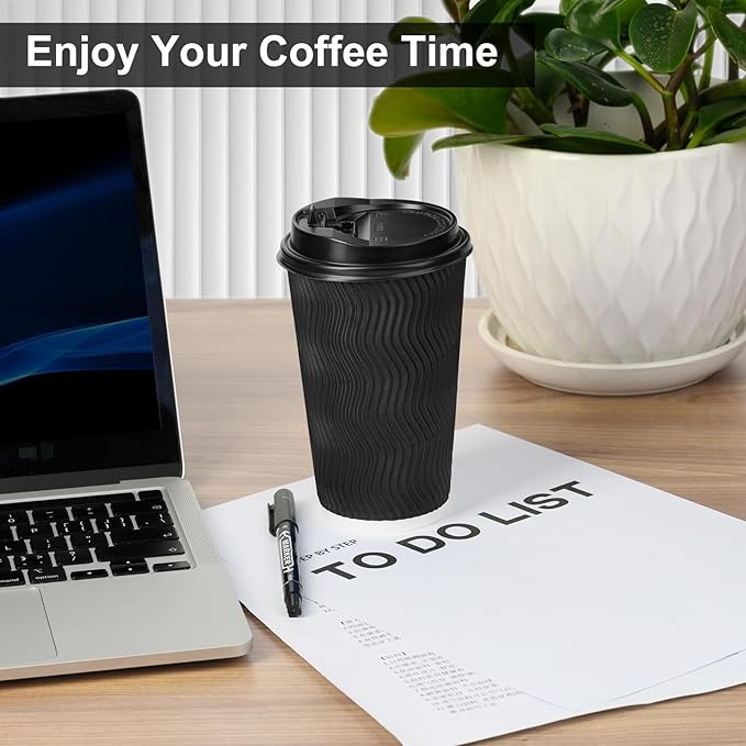 PARACITY 16oz Insulated Ripple Double-Walled Disposable Cups with Lids - 50Pack for Beverages, Espresso, Tea, Parties and Travel