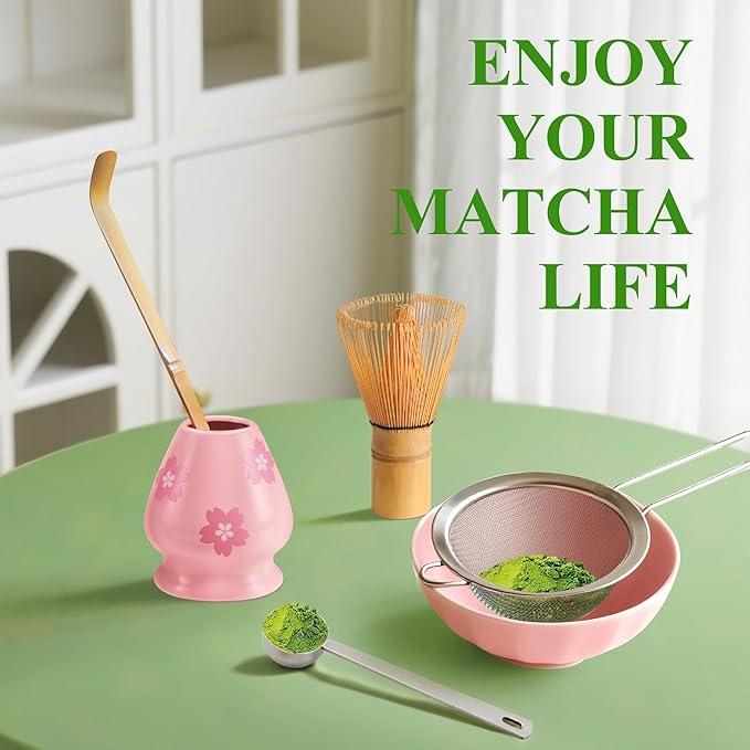 Matcha Whisk Set Matcha Making Kit Bamboo Chasen Ceramic Whisk Holder Stand Sifter Scoop Japanese Tea Tools (Pink Printing)