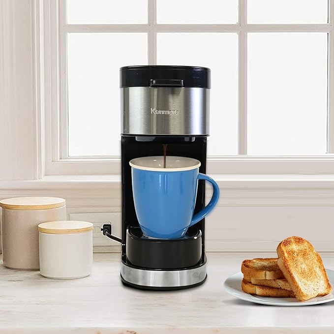 Kenmore Single Serve Coffee Maker – 6–14 Oz Brew Sizes, Compatible with Keurig K‑Cup Pods & Ground Coffee, One Cup Brewer, Travel Mug Friendly, Auto Shut‑Off, Hot & Iced Machine à café, Black