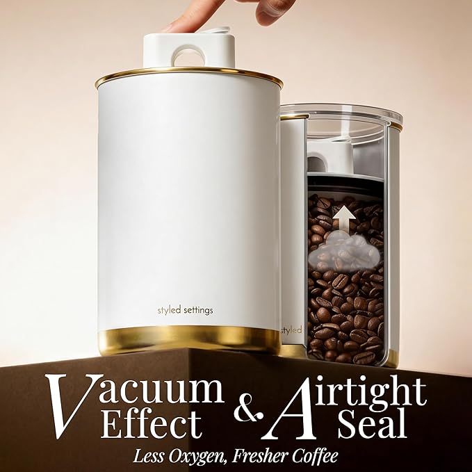 STYLED SETTINGS Vacuum Coffee Canister with Airtight Lid - Dual-Lid Airtight Coffee Canister with Scoop and Label for Beans and Grounds, Food Storage Container -White and Gold Kitchen Accessories