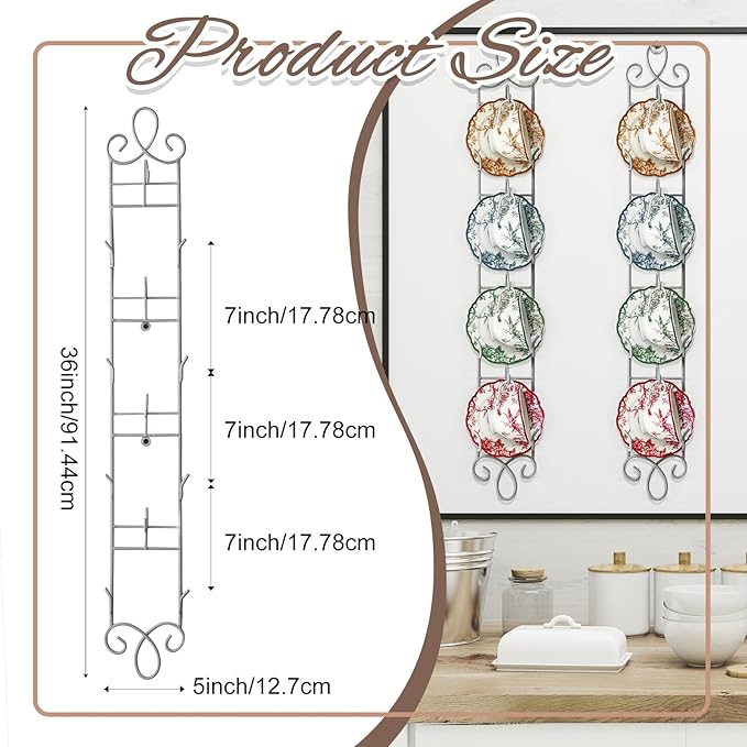 Blulu 4 Pcs Wall Mounted Tea Cup & Saucer Display Rack, 4-tier Metal Mug Holder with Plate Hangers, Decorative Wall Storage for Kitchen, Gift&Coffee Bar Display, 36'' x 5'' (White)