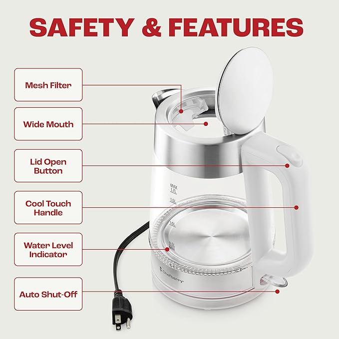 Electric Kettle for Boiling Hot Tea & Water | 1.7L Stainless Steel Borosilicate Glass Boiler With No Plastic, Automatic Shutoff, BPA Free, Fast Heating Technology (White)