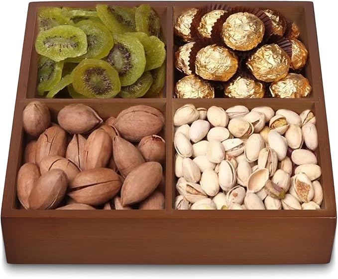 FUNSUEI 2 PCS Multi Compartment Wooden Tray, Divided Wooden Tray, Square Bamboo Trays with 4 Sections, Bamboo Divided Serving Trays Storage Box for Snacks Appetizers, 9 x 9 x 1.77 Inch