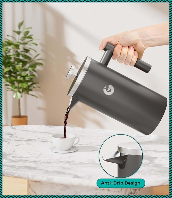 Coffee Gator 304 Grade Stainless Steel French Press Coffee Maker 34 oz, Double Wall Insulated Hot Cold Brew Teapot with 4-Level Filtration System, Include Travel Jar Canister, Rust-Free, Kitchen, Gray