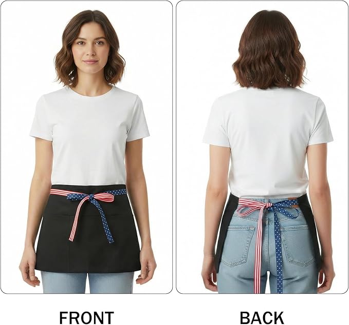 BOHARERS 3-Pocket Waist Apron With American Flag Print Straps - Black Waitress Waiter Server Short Aprons
