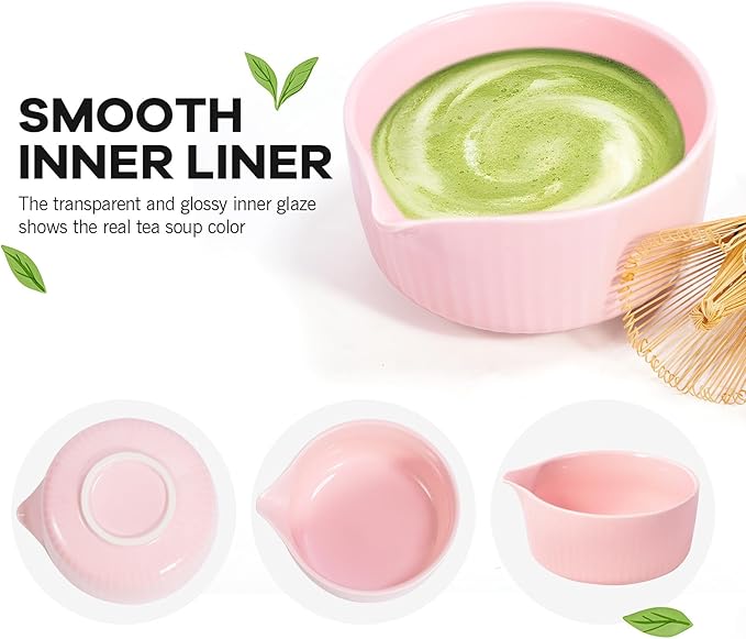 Pink Traditional Matcha Set Whisk and Bowl, 8 Pcs Matcha Making Kit Includes Ceramic Bowl with Spout, Bamboo Whisk, Holder, Scoop, Sifter, Tea Towel Cloth and Mat-Ceremonial Matcha Starter Kit Gift