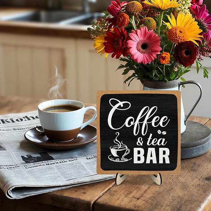 Coffee Bar Sign Plaque Decor,Cafe Station Accessorie for Office,Rustic Wooden Tabletop Plaque with Stand, Minimalist Farmhouse Kitchen Counter Sign ,Cute Mini Café Bar Decor Gift ,Coffee & Tea Bar Decor Signs 5.9x5.9Inch (Black&Grown)