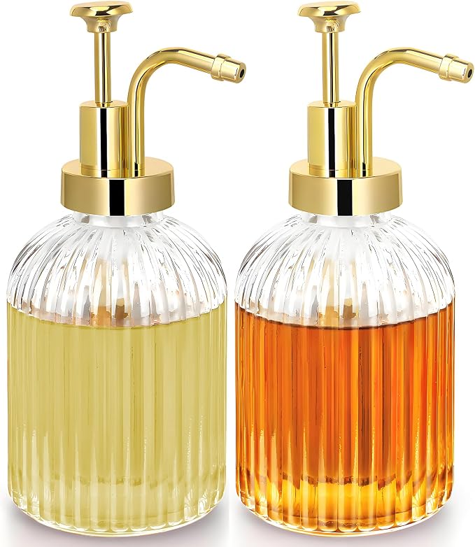 TIWPAJS Glass Coffee Syrup Dispenser 10oz, Syrup Bottles with Ribbed Design, Gold Syrup Pump, Coffee Bar Accessories, Honey Dispenser (2) by TIWPAJS