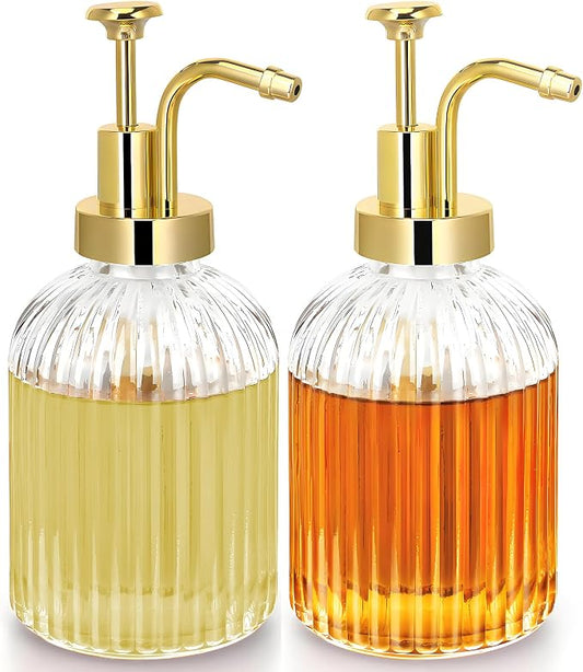 TIWPAJS Glass Coffee Syrup Dispenser 10oz, Syrup Bottles with Ribbed Design, Gold Syrup Pump, Coffee Bar Accessories, Honey Dispenser (2) by TIWPAJS