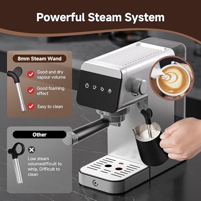 AMZCHEF Espresso Coffee Machine | Compact Design Espresso Maker Perfect for Home & Office | 20 Bar Pressure System | LED Touch Panel | Detachable Water Tank | Brushed Stainless Steel Housing