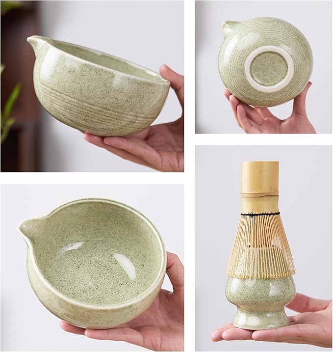 Matcha Whisk Set，9-Piece Traditional Matcha Kit in Giftbox, Bamboo Whisk Ceramic Matcha Bowl Matcha Kit for Ceremony, Making Tools for Tea Ceremony (Matcha Green)