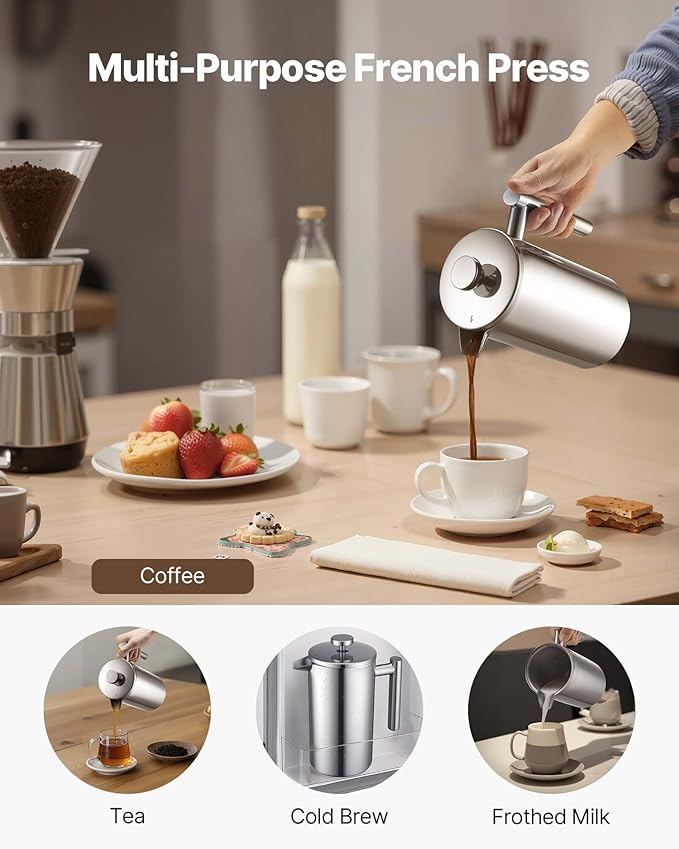 VEVOR French Press Coffee Maker, 34 Ounce 1 Liter Stainless Steel Coffee Press Tea Maker with Filter, Large Double Wall Insulated French Presses Cold Brew for Camping Travel Home Kitchen, Silver
