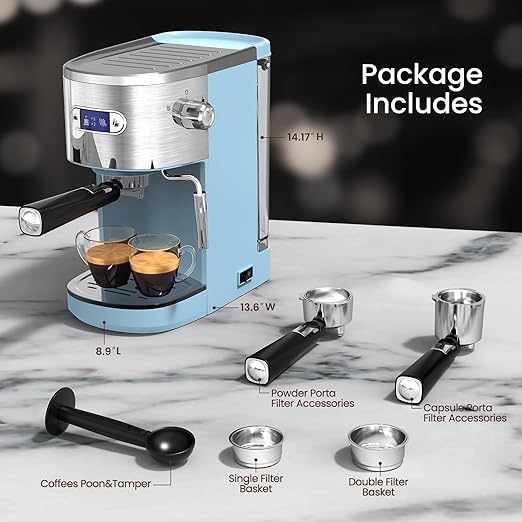 20 Bar Espresso Machine, Professional Stainless Steel Coffee Maker with LCD Display, 45oz Removable Water Tank, Home & Office Espresso Maker for Cappuccino Latte Macchiato, Blue