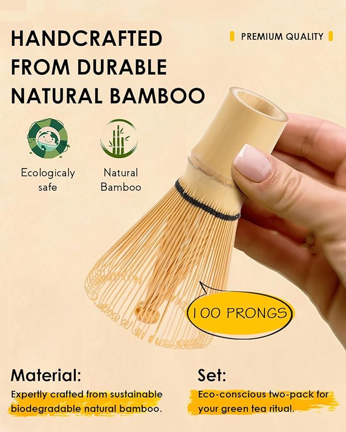 Matcha Whisk - 2-pack Bamboo matcha Whisk set, Handcrafted Traditional Japanese Chasen, 100-Prong Matcha Stirrer Wisk Mixer Brush for Authentic Matcha Tea Preparation