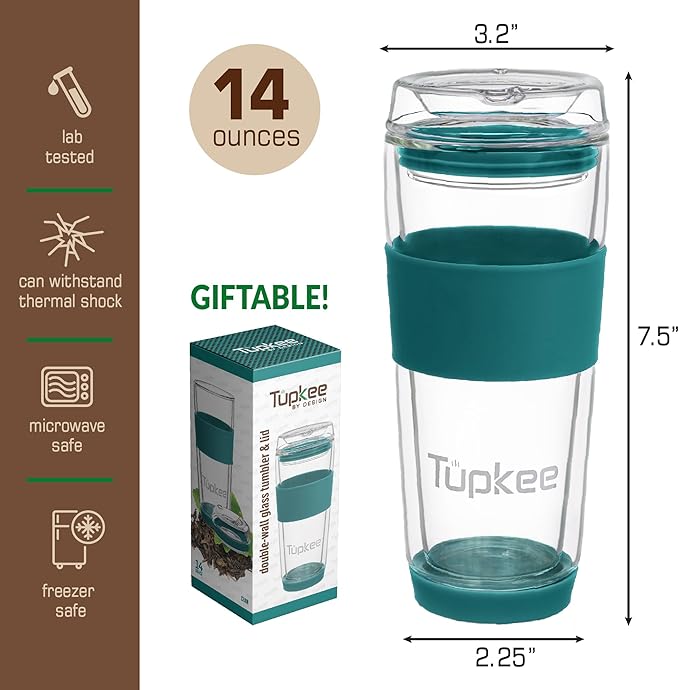 Tupkee Double Wall Glass Tumbler - 14-Ounce, All Glass Reusable Insulated Tea/Coffee Mug & Lid, Hand Blown Travel Mug - Cyan