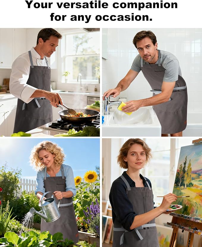 Chef Apron w/Pockets, Adjustable Strap for Cooking & Gardening | Equipped with 3 Large Multi-use Pockets, Wear-Resistant Fabric, Easy Clean, Ideal for BBQ Baking Craft for Men Women - Image 6