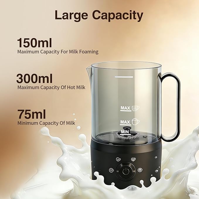 Milk Frother, 4-in-1 Electric Milk Steamer(10oz/300ml)，Automatic Hot and Cold Foam Maker for Iced Coffee, Lattes, Cappuccinos & Macchiatos, Non-Stick Interior, Black.