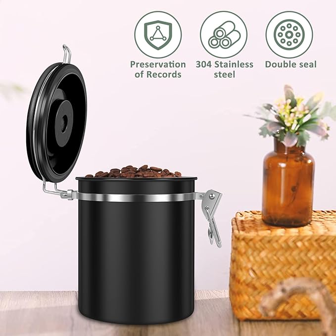2PCS Coffee Storage Canister 1.5L 51OZ Double Airtight Coffee Beans Container with Date Locator 304 Stainless Steel Kitchen Food Storage Container with Spoon For Coffee Tea and Sugar