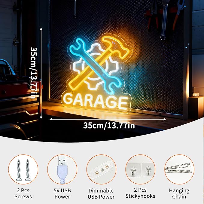 Garage LED Neon Sign, Wrench Hammer Gear Motif Accent USB Powered Decorative Neon Light for Garage Auto Shop Workshop Man Cave Wall Table Automotive Theme Decor 13.8 x 13.8 In - Image 3