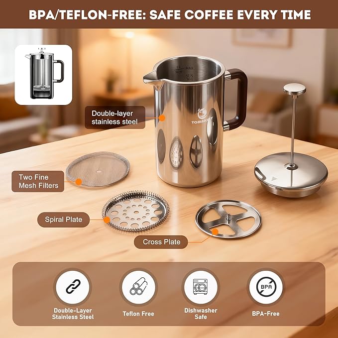 1L/34 Oz French Press Coffee Maker,304 Stainless Steel Coffee Press,Durable & Easy Clean,Leak-Proof Design,Prensa Francesa Para Cafe for Home,Office,Camping (Silver-Upgrade)