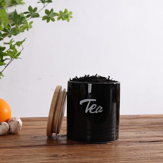 LEETOYI Porcelain Food Storage Containers with Lid, 4.5 Inch 31oz, Black Labeled Tea
