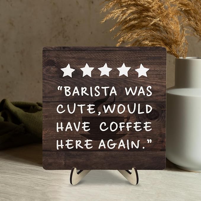 Coffee Bar Sign Plaque Decor,Coffee Bar Accessories,Rustic Wooden Tabletop Plaque with Stand, Minimalist Farmhouse Kitchen Counter Sign,Cute Mini Café Bar Decor Gift 5.9x5.9Inch