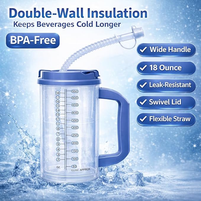 Vakly Hospital Carafe Insulated Double-Walled Water Tracking Bottle 18 oz – Refillable Hot & Cold Bottle with Flexible Straw and Pouring/Sipping Spout for Bedside or Patient Care