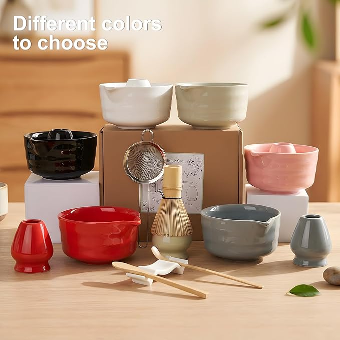 YOLIFE 7 Pcs Matcha Whisk Set, Includes Matcha Bowl with Spout, Bamboo Whisk (Chasen) with Ceramic Holder, Scoop and Powder Spoon, Sifter, Matcha Kit for Ceremony (Pink)