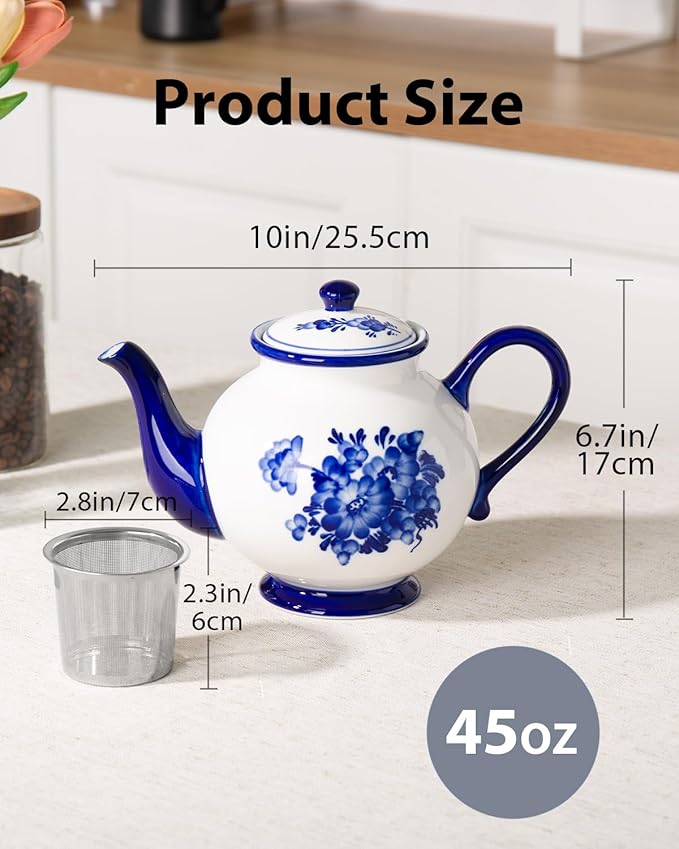45 Ounce Tea Pot with Infuser, Ceramic Blue and White Teapot, Flowers