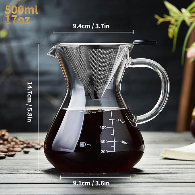 Unbreakable - Pour Over Coffee Maker with Double Stainless Filter 17oz, Thickened Heat-Resistant Borosilicate Glass Dripper Coffee Pour Over, Stovetop Safe