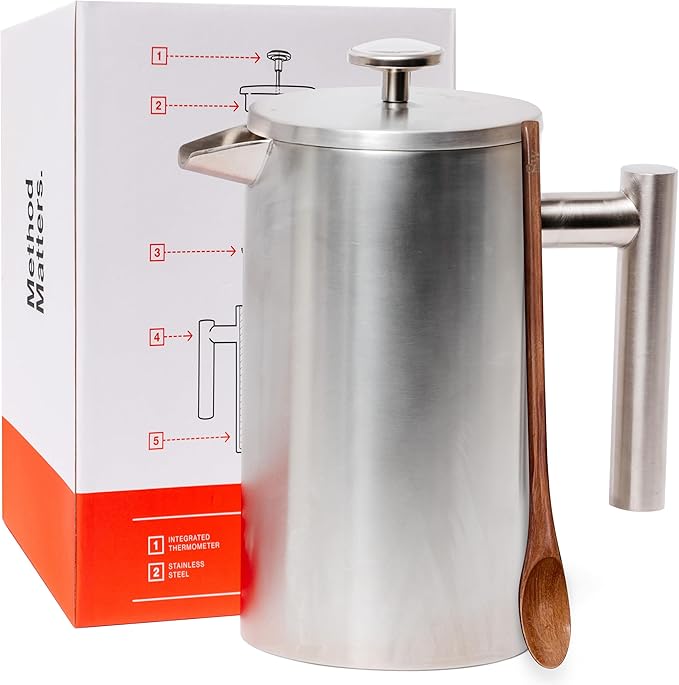 Barista Warrior French Press Coffee Maker Stainless Steel with Built-In Thermometer - Insulated Double Wall Design, Dual Filter System, Stay-Cool Handle & Wood Spoon - Silver