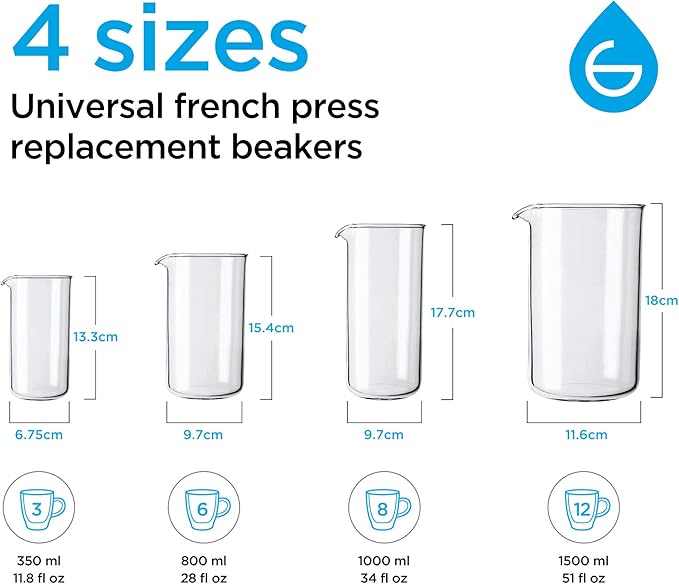 GROSCHE Universal French Press Replacement Glass Beaker, Borosilicate 3.3 Glass Carafe for Coffee & Tea, Heat-Resistant, Fits Most Coffee & Tea Press Makers, 34 fl. oz. (1000 mL)