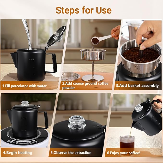 No Coating 12 Cup Percolator Coffee Pot 304 Stainless Steel Moka Pot Stovetop Espresso Maker Italian Greca Cuban Machine 2200ml 74.4oz Suitable for Gas Induction Stovetop Camping Kettle